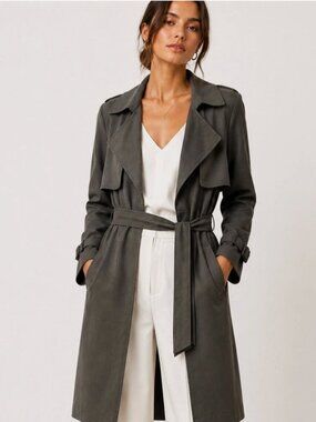 Love for Humanity Couture Belted Trench Coat Gray Faux Suede Open Front - NWT S